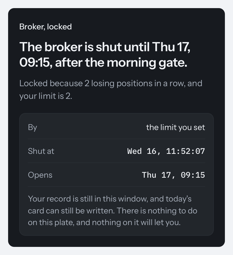 A drawing of the app's lock plate, dark even in the light appearance: "Broker, locked", then "The broker is shut until Thu 17, 09:15, after the morning gate." and "Locked because 2 losing positions in a row, and your limit is 2.", with By: the limit you set, Shut at: Wed 16, 11:52:07, Opens: Thu 17, 09:15, and no button on it.