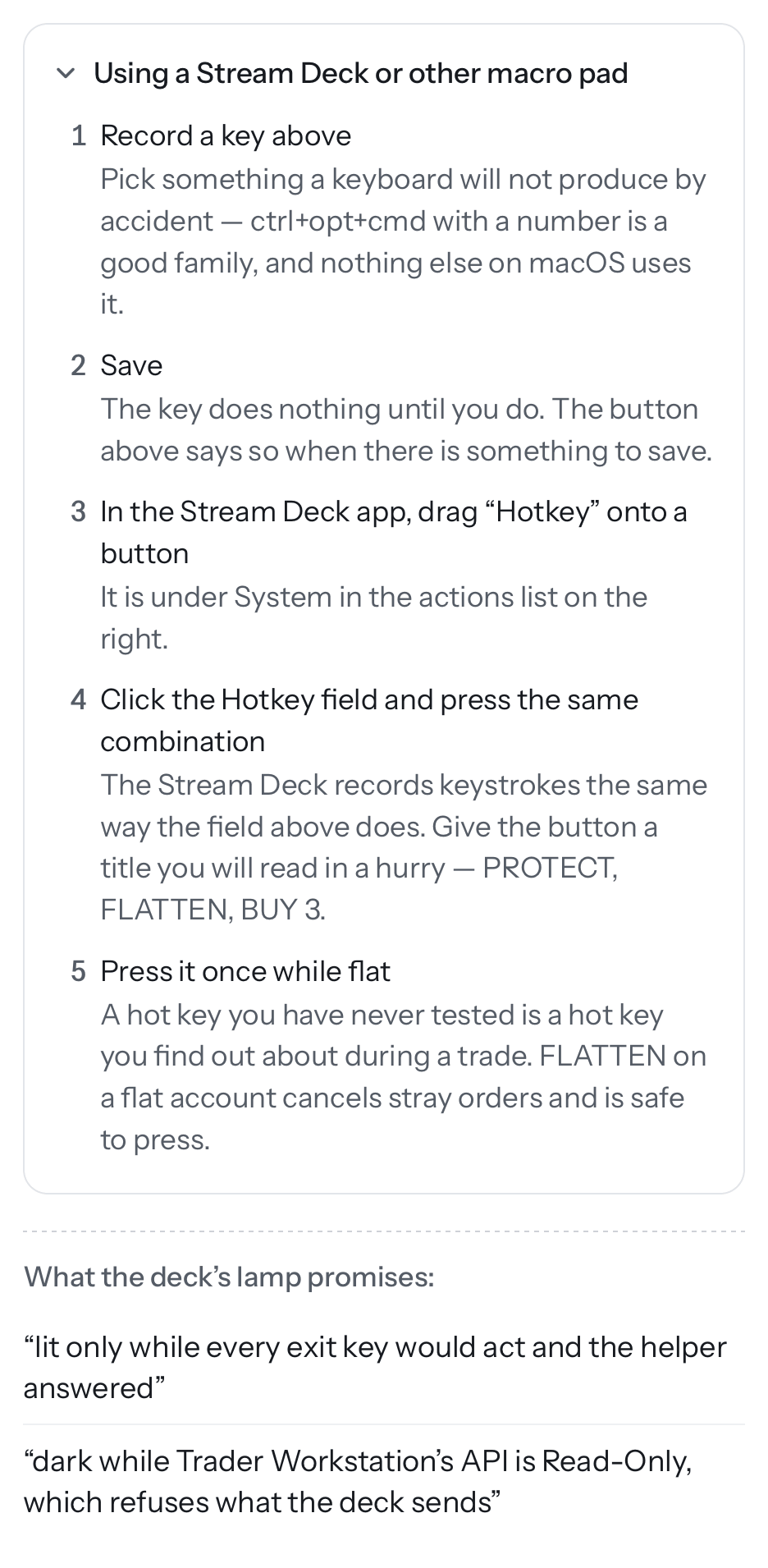 A drawing of the app's Hotkeys settings with "Using a Stream Deck or other macro pad" opened into five numbered steps: record a key, save, drag Hotkey onto a Stream Deck button, press the same combination in its Hotkey field and give the button a title such as PROTECT, FLATTEN or BUY 3, then press it once while flat. Under it, two of the deck lamp's promises: "lit only while every exit key would act and the helper answered" and "dark while Trader Workstation's API is Read-Only, which refuses what the deck sends".